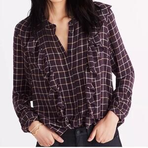 Madewell Women's Purple Plaid Ruffle Front Button Up Blouse Size S